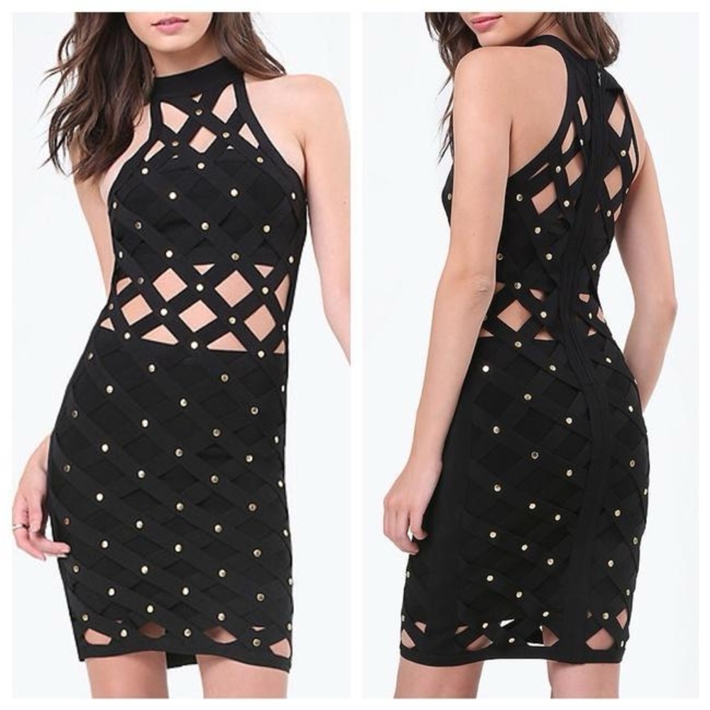 Bebe black stud crisscross bandage mini bodycon skirt